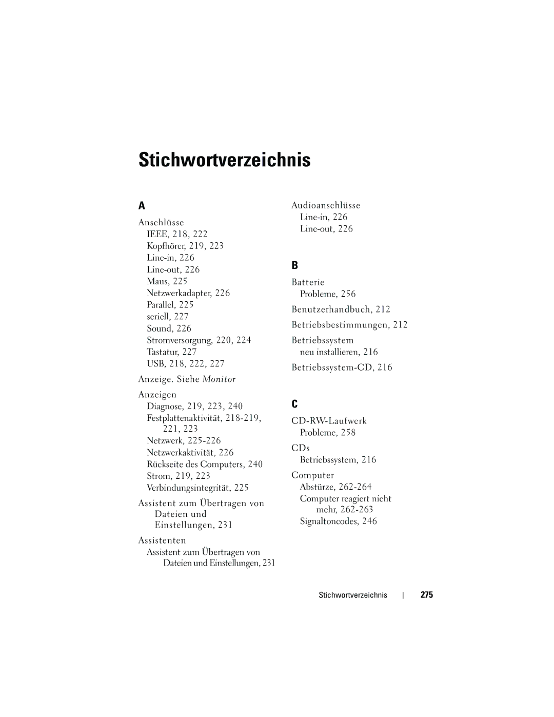 Dell NT505 manual 275, Stichwortverzeichnis 