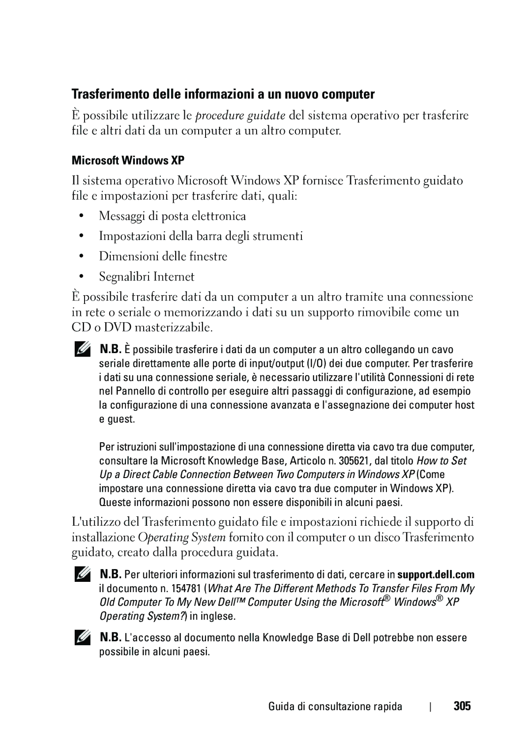 Dell NT505 manual Trasferimento delle informazioni a un nuovo computer, 305 