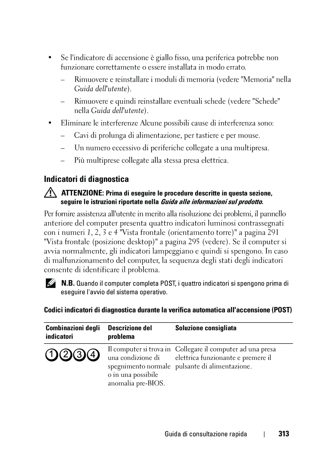 Dell NT505 manual Indicatori di diagnostica, 313, Indicatori Problema 