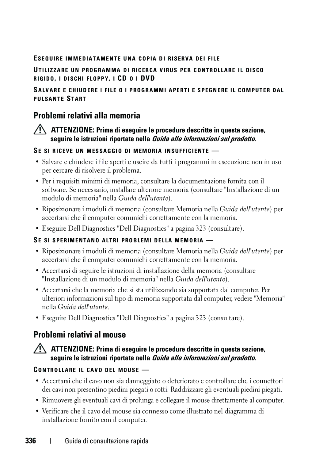 Dell NT505 manual Problemi relativi alla memoria, Problemi relativi al mouse, 336 