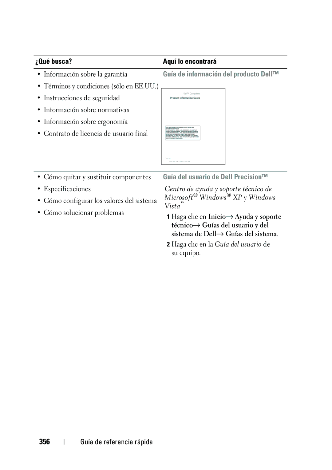 Dell NT505 manual 356, Información sobre la garantía, Guía del usuario de Dell Precision 