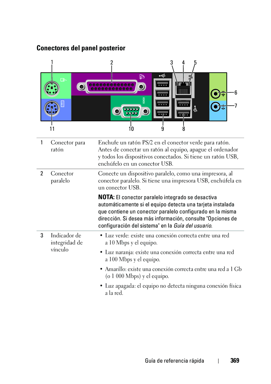 Dell NT505 manual Conectores del panel posterior, 369, Nota El conector paralelo integrado se desactiva 