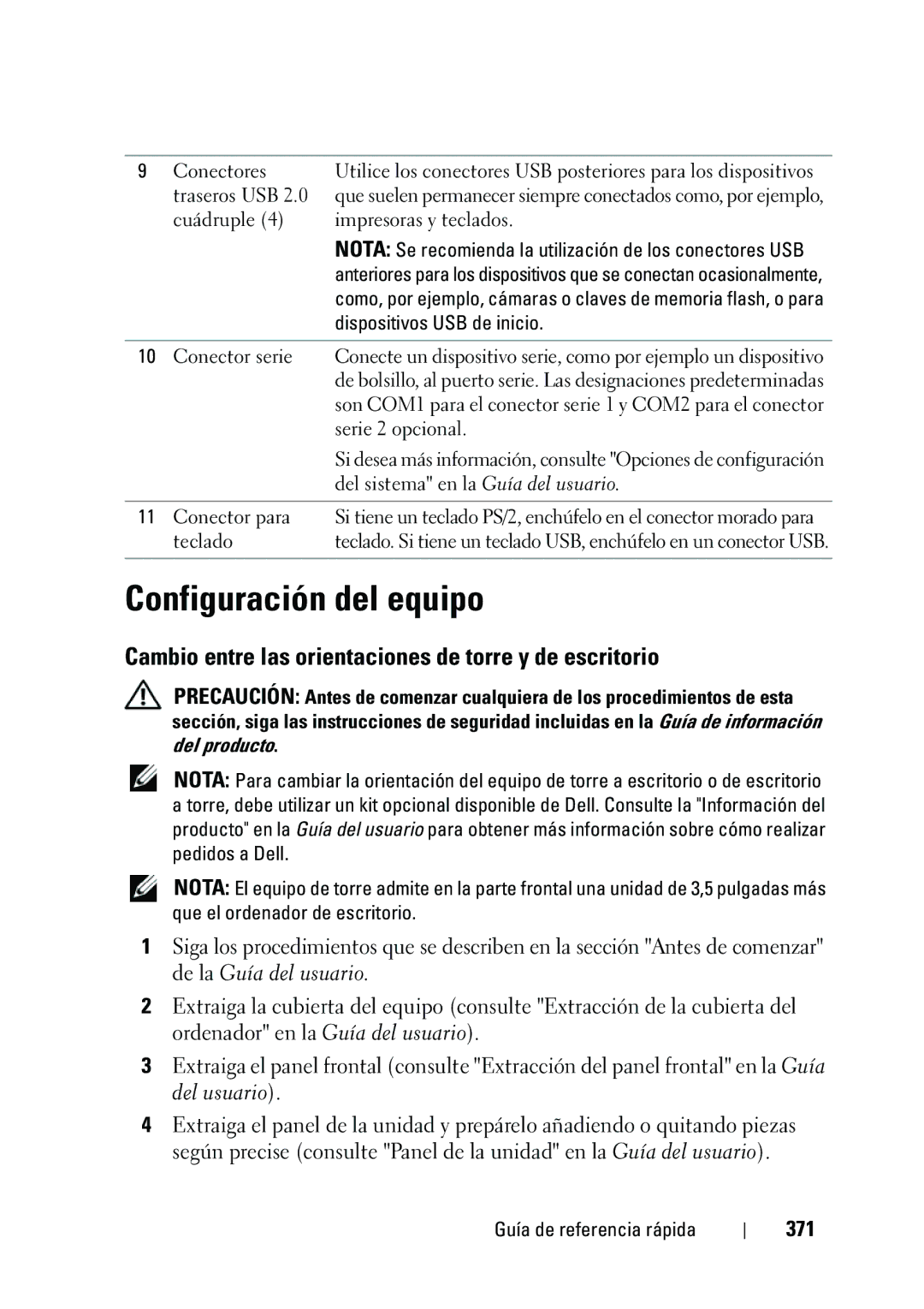 Dell NT505 manual Configuración del equipo, Cambio entre las orientaciones de torre y de escritorio, 371 