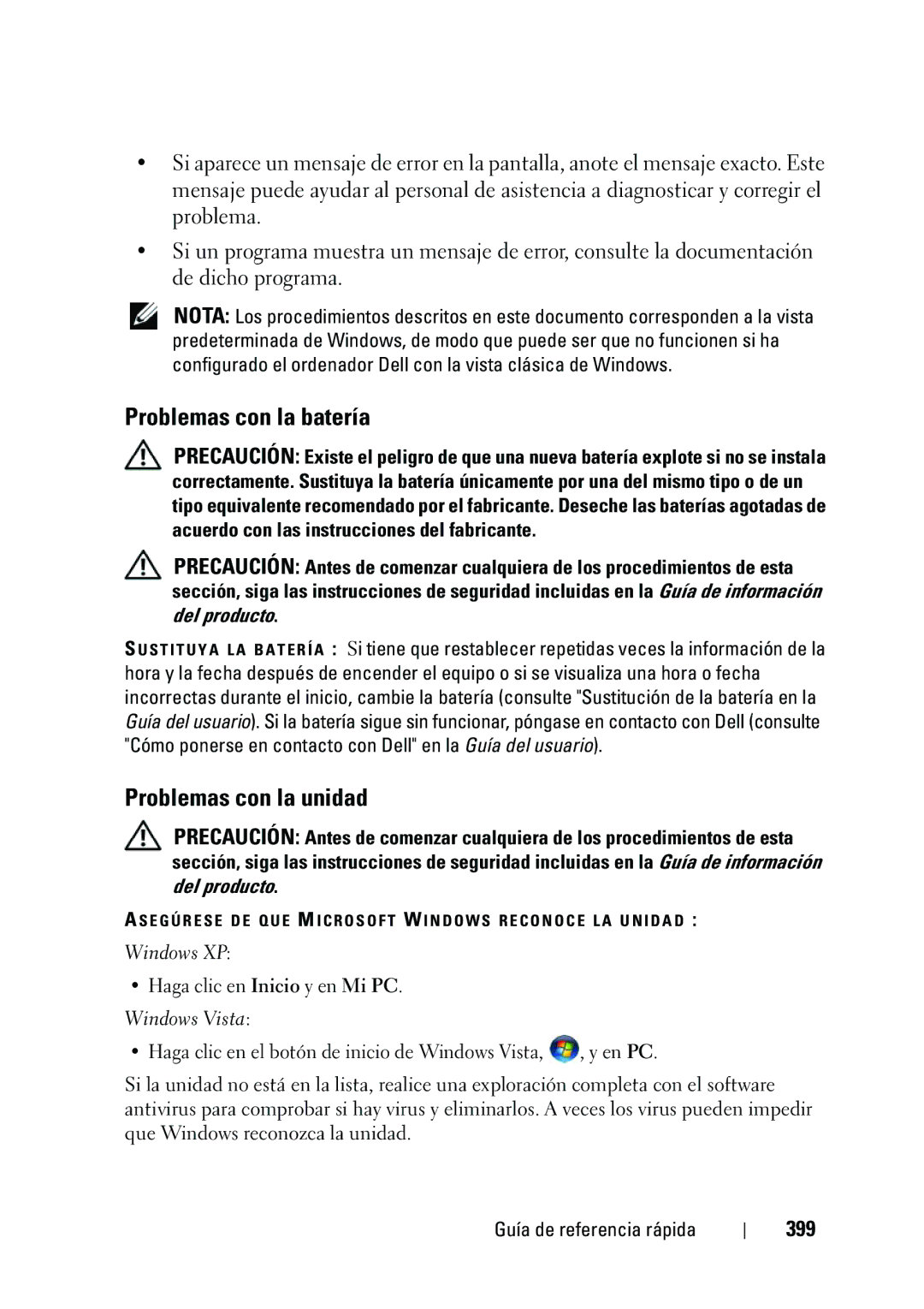 Dell NT505 manual Problemas con la batería, Problemas con la unidad, 399, Haga clic en Inicio y en Mi PC 