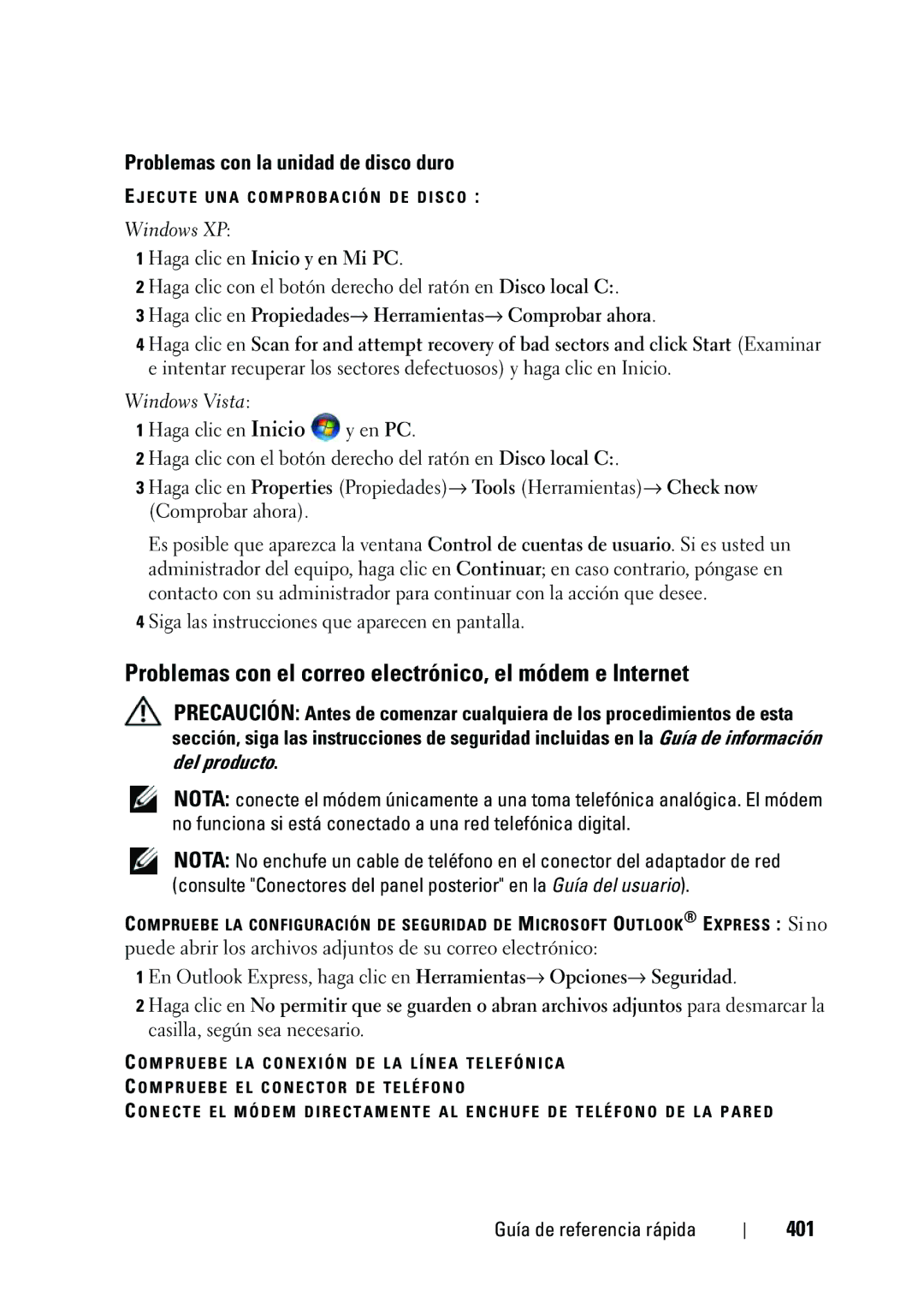 Dell NT505 manual Problemas con el correo electrónico, el módem e Internet, Problemas con la unidad de disco duro, 401 