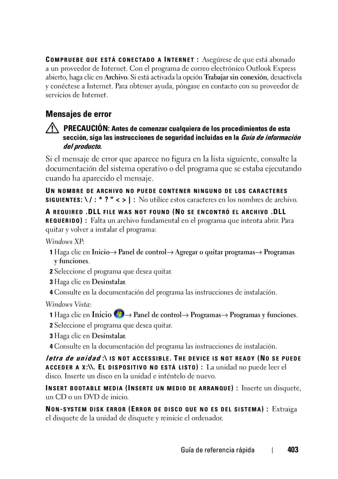 Dell NT505 Mensajes de error, 403, Disco. Inserte un disco en la unidad e inténtelo de nuevo, Un CD o un DVD de inicio 