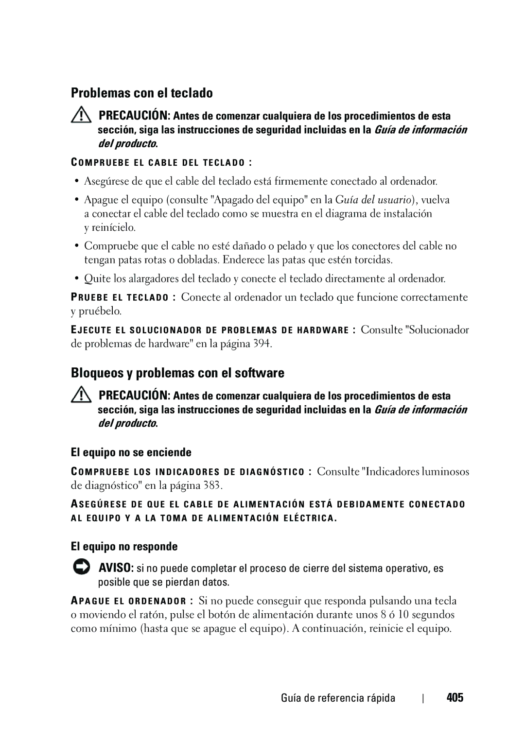 Dell NT505 Problemas con el teclado, Bloqueos y problemas con el software, El equipo no se enciende, El equipo no responde 