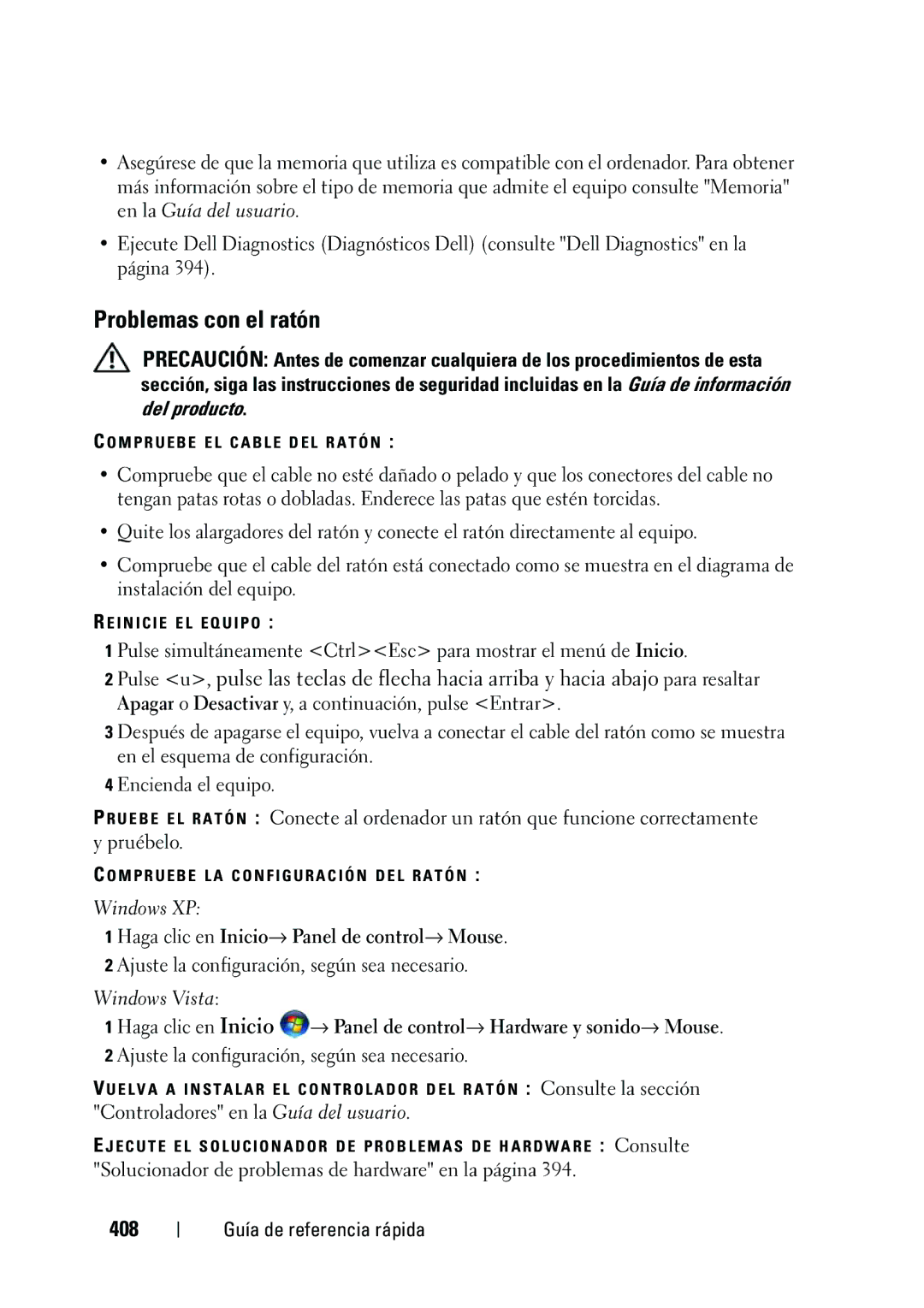 Dell NT505 manual Problemas con el ratón, 408, Haga clic en Inicio→ Panel de control→ Mouse 