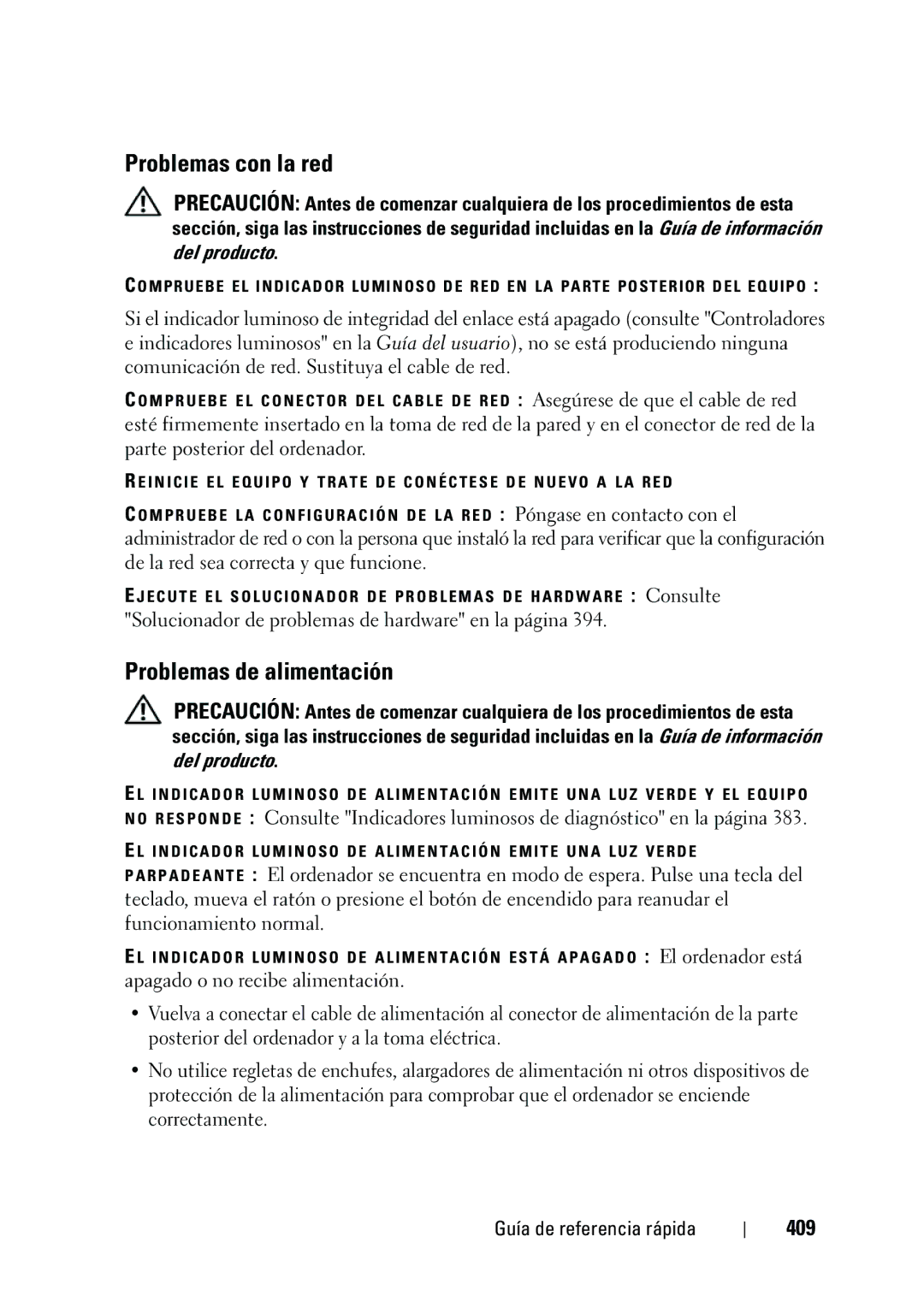 Dell NT505 manual Problemas con la red, Problemas de alimentación, 409, Solucionador de problemas de hardware en la página 