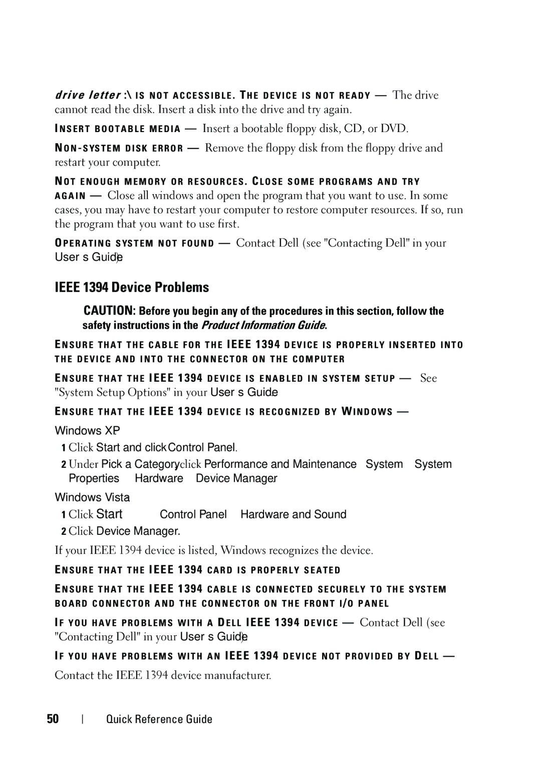 Dell NT505 Ieee 1394 Device Problems, System Setup Options in your User’s Guide, Contact the Ieee 1394 device manufacturer 