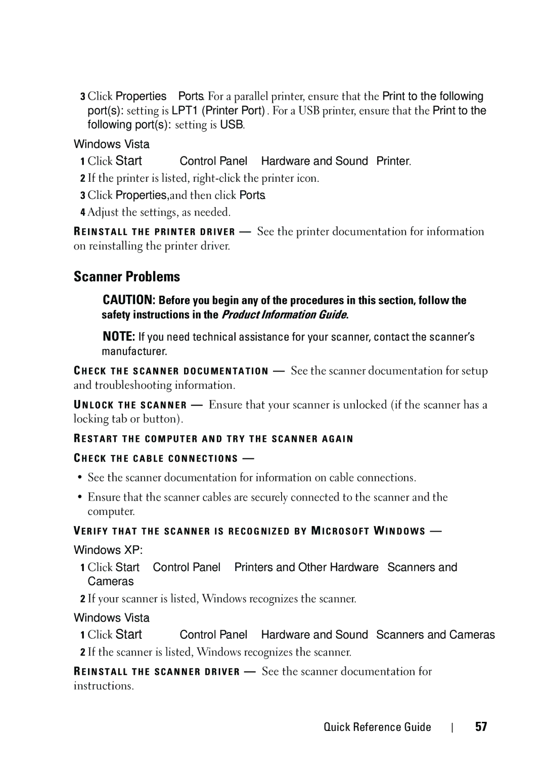 Dell NT505 manual Scanner Problems, Click Start → Control Panel→ Hardware and Sound→ Printer 