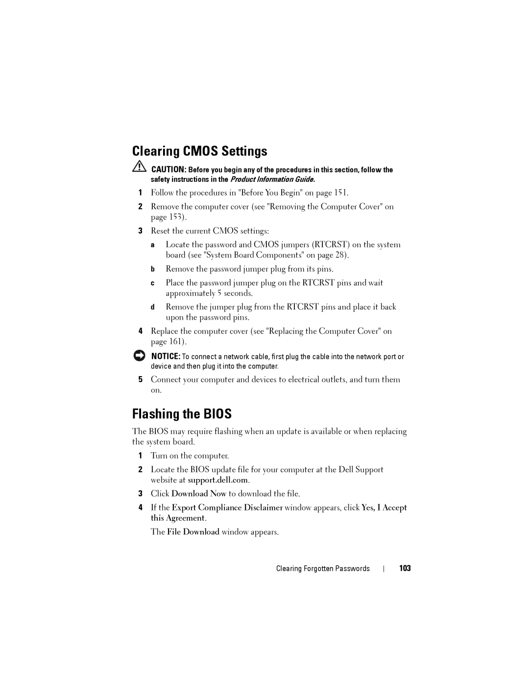 Dell NX046 manual Clearing Cmos Settings, Flashing the Bios, 103 