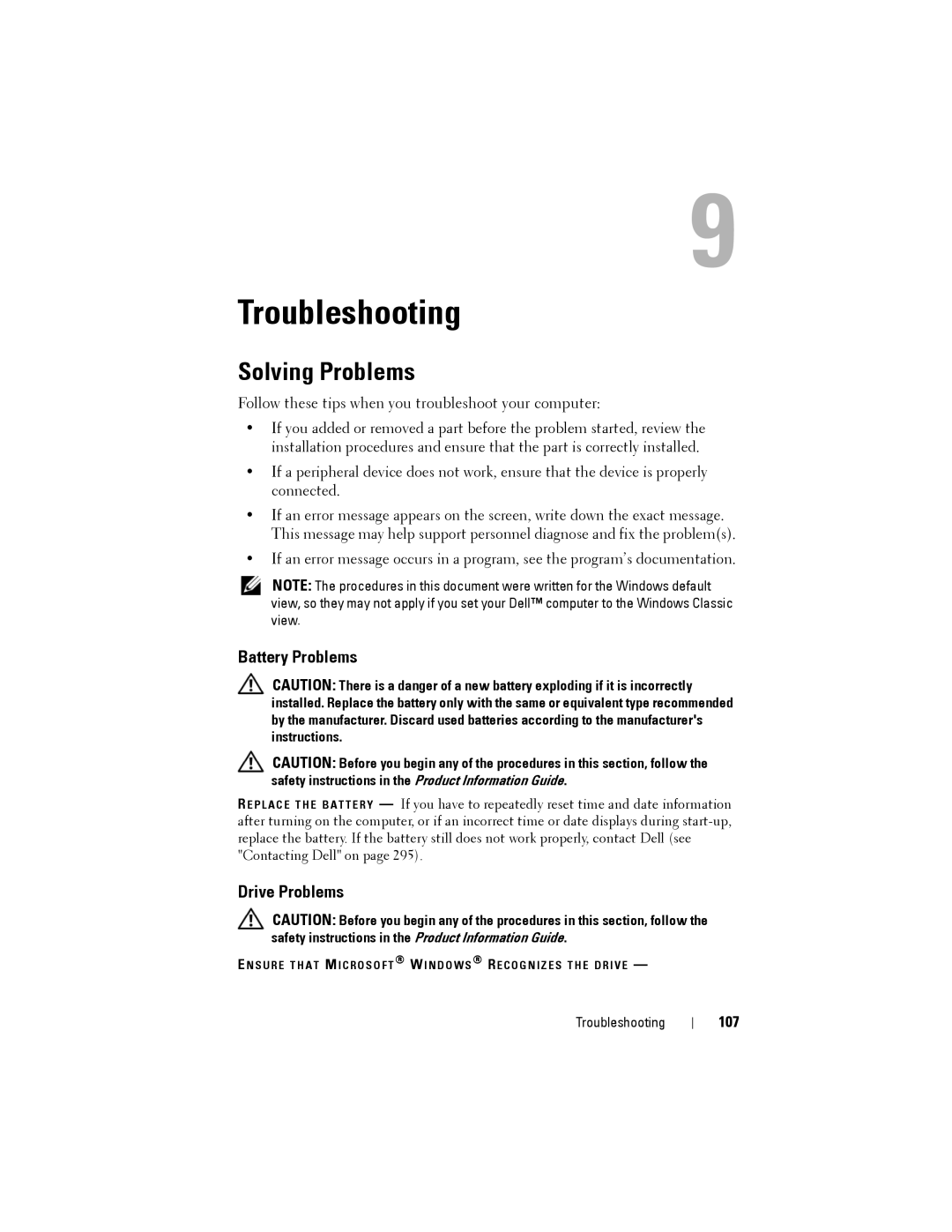 Dell NX046 manual Solving Problems, Battery Problems, Drive Problems, 107 