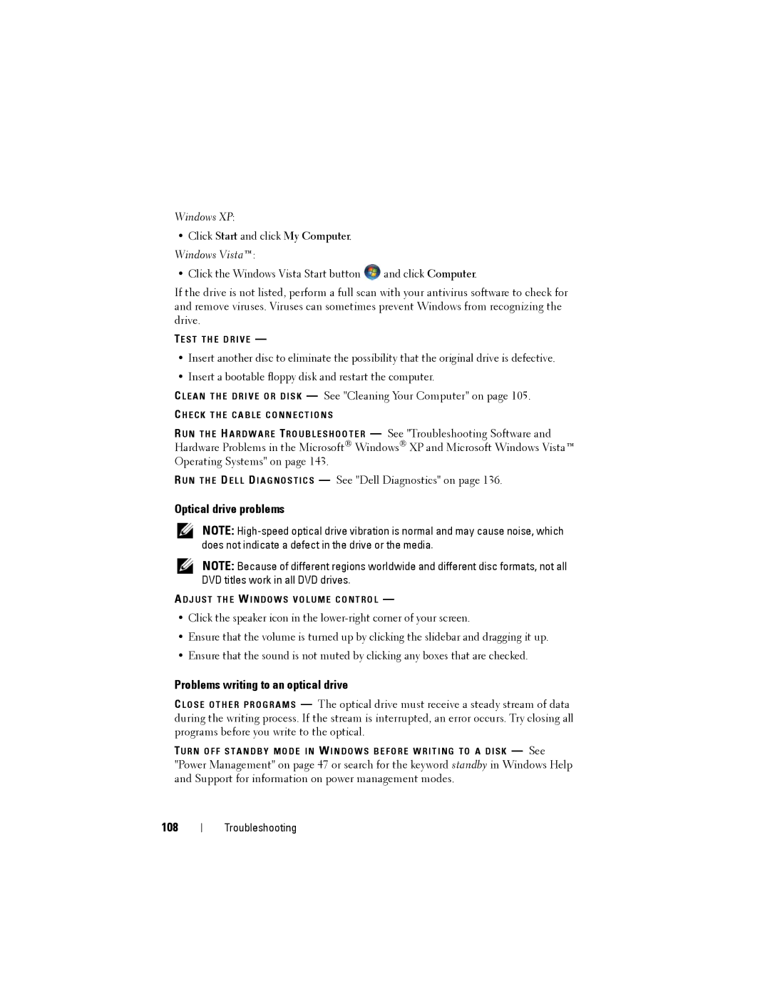 Dell NX046 manual Optical drive problems, Problems writing to an optical drive, 108 