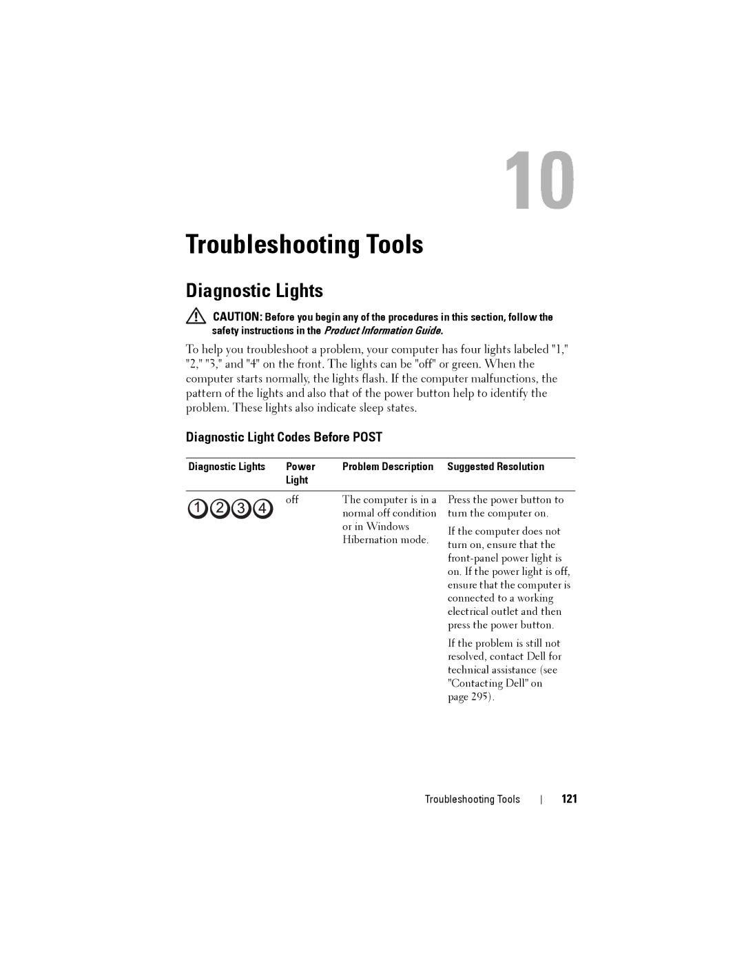 Dell NX046 manual Diagnostic Light Codes Before Post, 121, Diagnostic Lights Power 