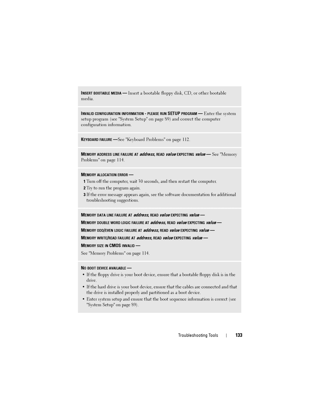 Dell NX046 manual 133, Keyboard Failure -See Keyboard Problems on 