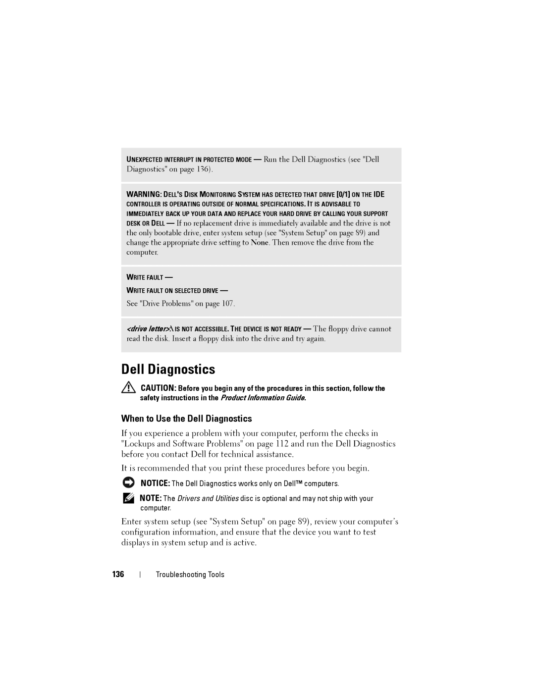 Dell NX046 manual When to Use the Dell Diagnostics, 136 