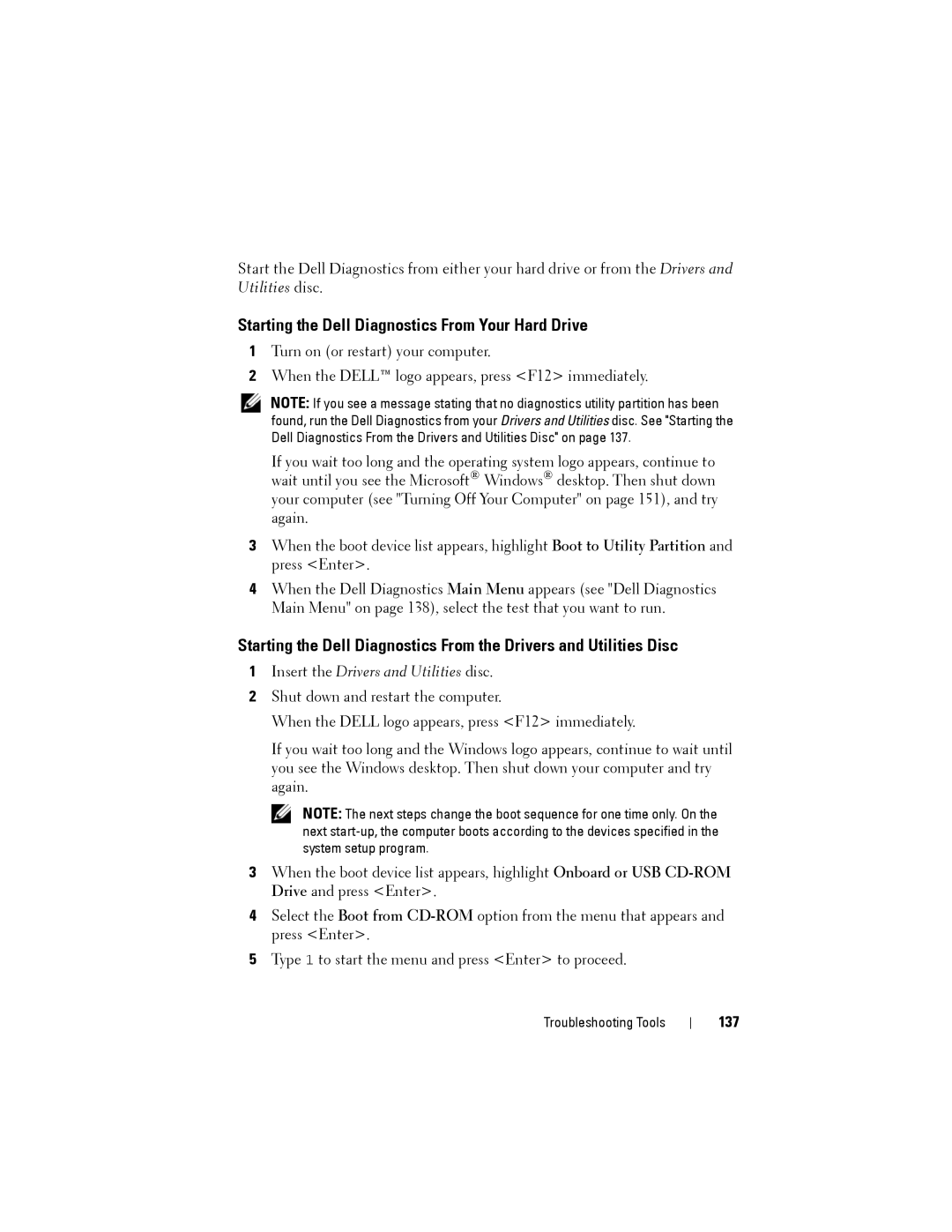 Dell NX046 manual Starting the Dell Diagnostics From Your Hard Drive, 137 