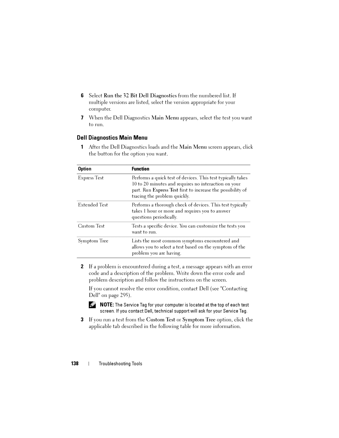 Dell NX046 manual Dell Diagnostics Main Menu, 138, Option Function 