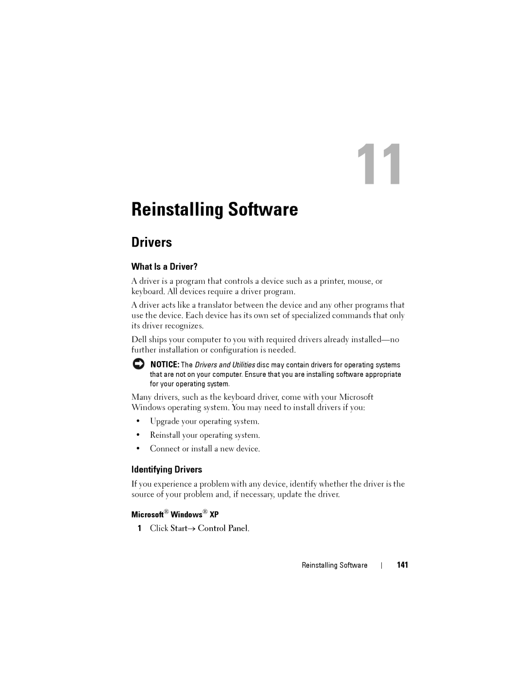 Dell NX046 manual What Is a Driver?, Identifying Drivers, Microsoft Windows XP, 141 