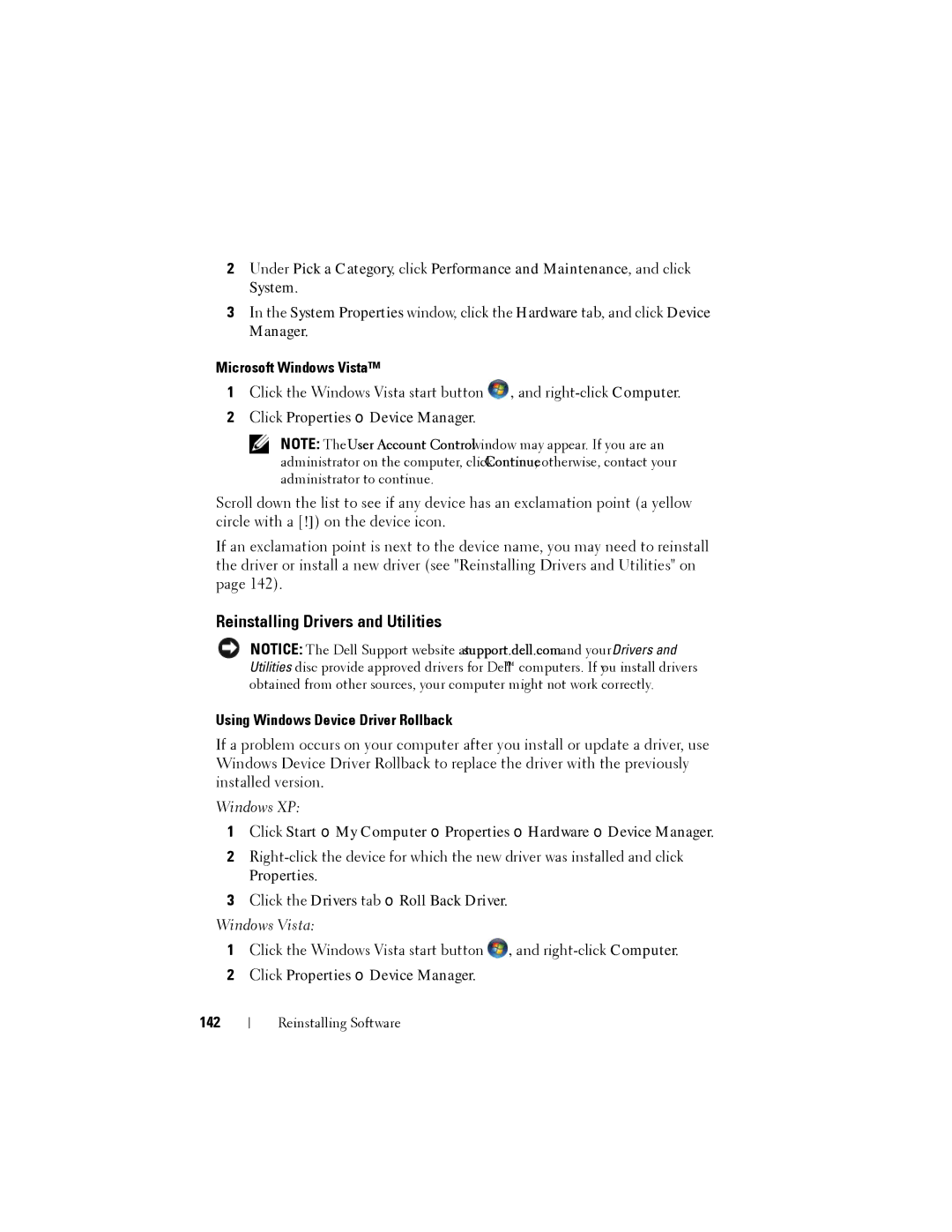 Dell NX046 manual Reinstalling Drivers and Utilities, Microsoft Windows Vista, Using Windows Device Driver Rollback, 142 