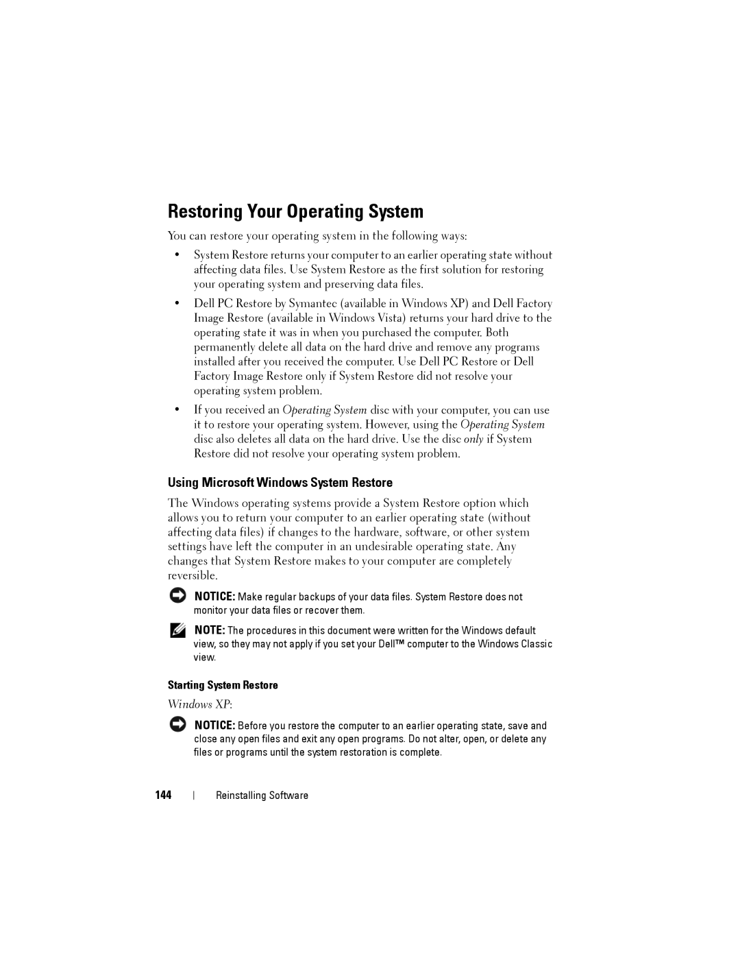 Dell NX046 manual Restoring Your Operating System, Using Microsoft Windows System Restore, Starting System Restore, 144 