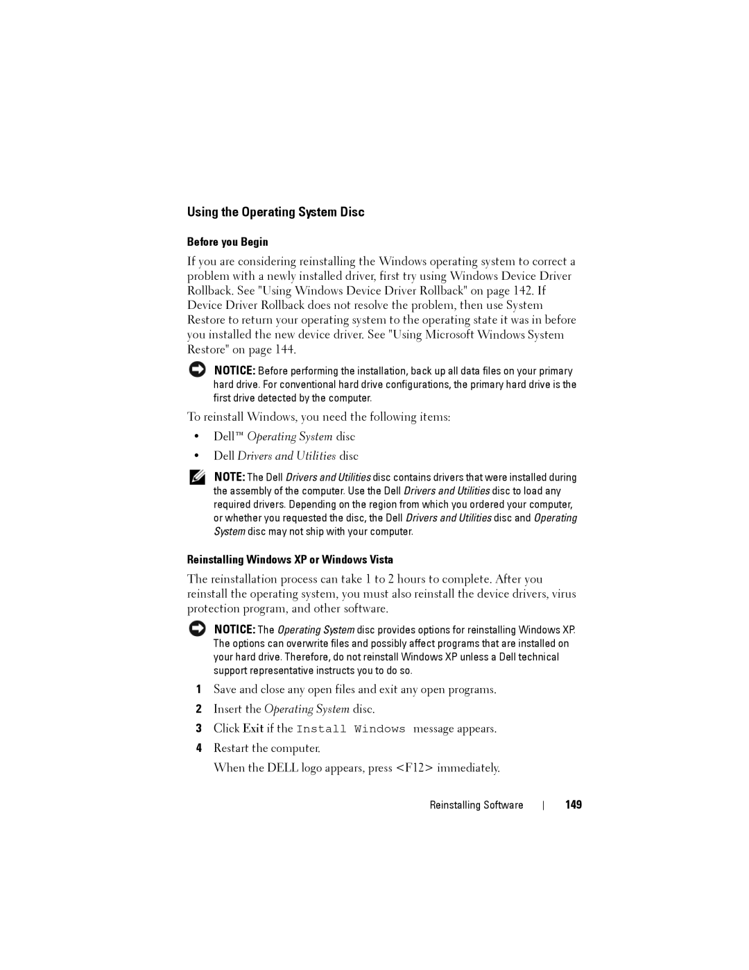 Dell NX046 manual Using the Operating System Disc, Before you Begin, Reinstalling Windows XP or Windows Vista, 149 