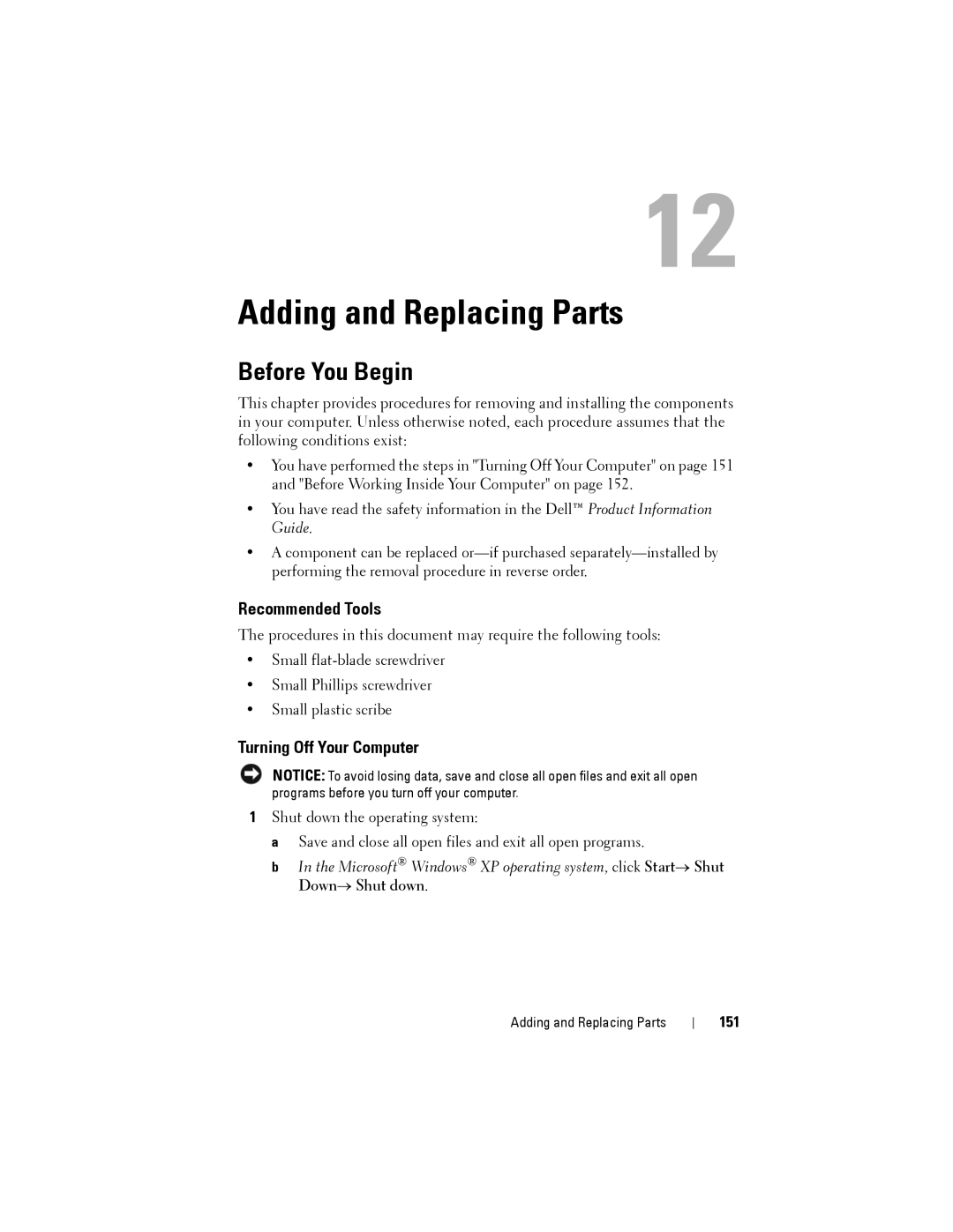 Dell NX046 manual Before You Begin, Recommended Tools, Turning Off Your Computer, 151 