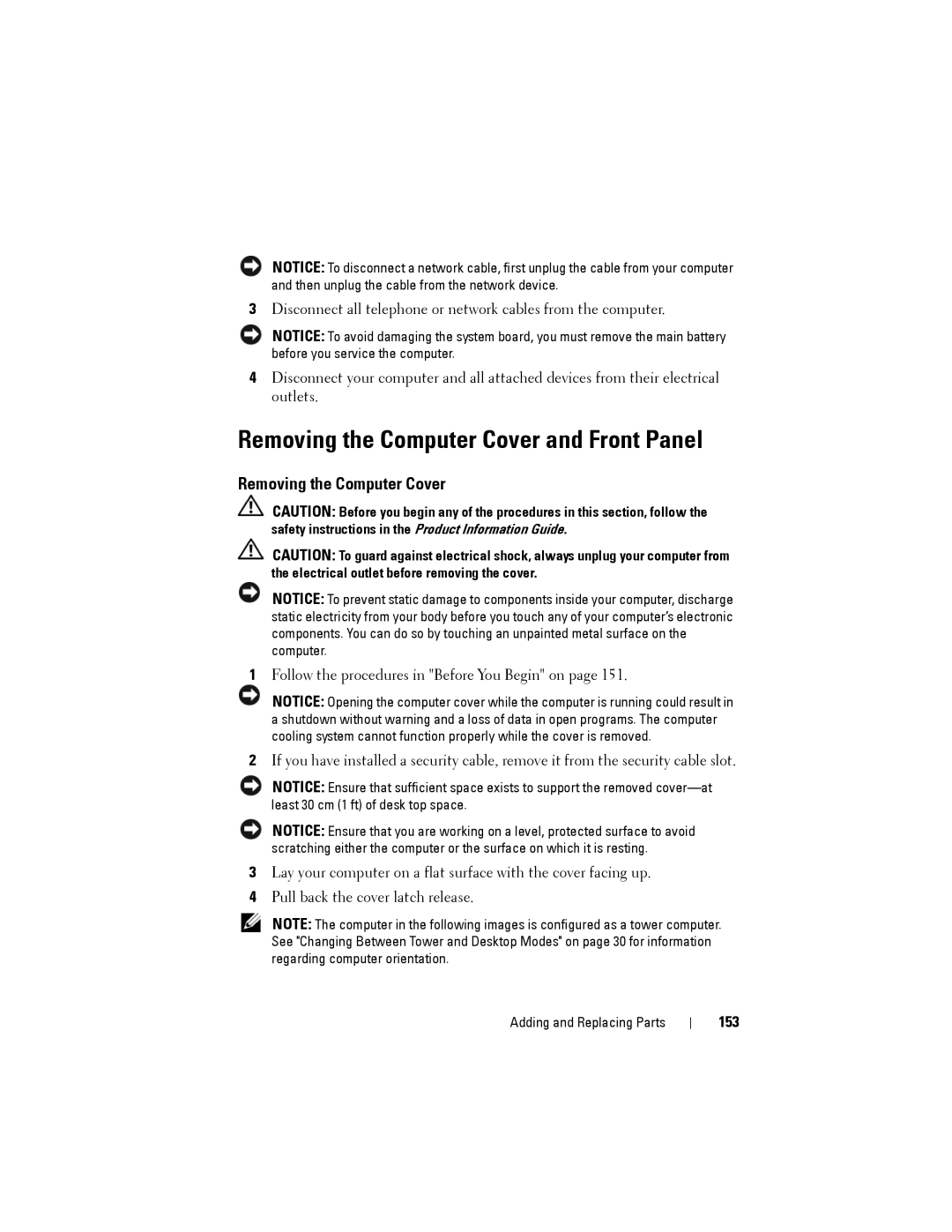 Dell NX046 manual Removing the Computer Cover and Front Panel, 153 