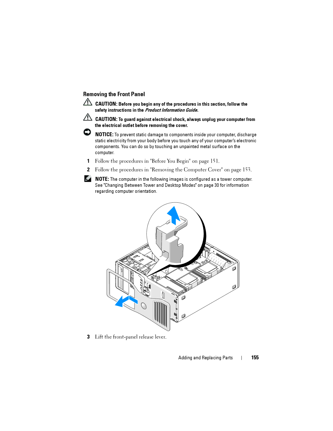 Dell NX046 manual Removing the Front Panel, 155 