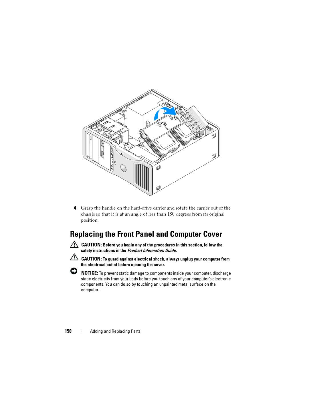 Dell NX046 manual Replacing the Front Panel and Computer Cover, 158 