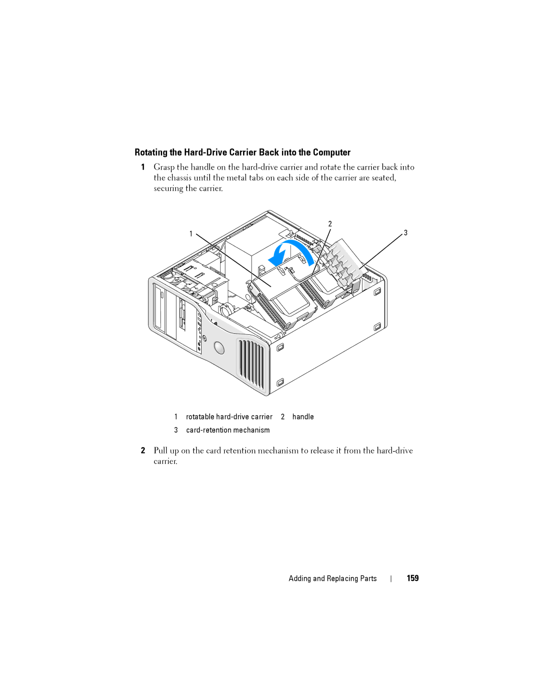 Dell NX046 manual Rotating the Hard-Drive Carrier Back into the Computer, 159 