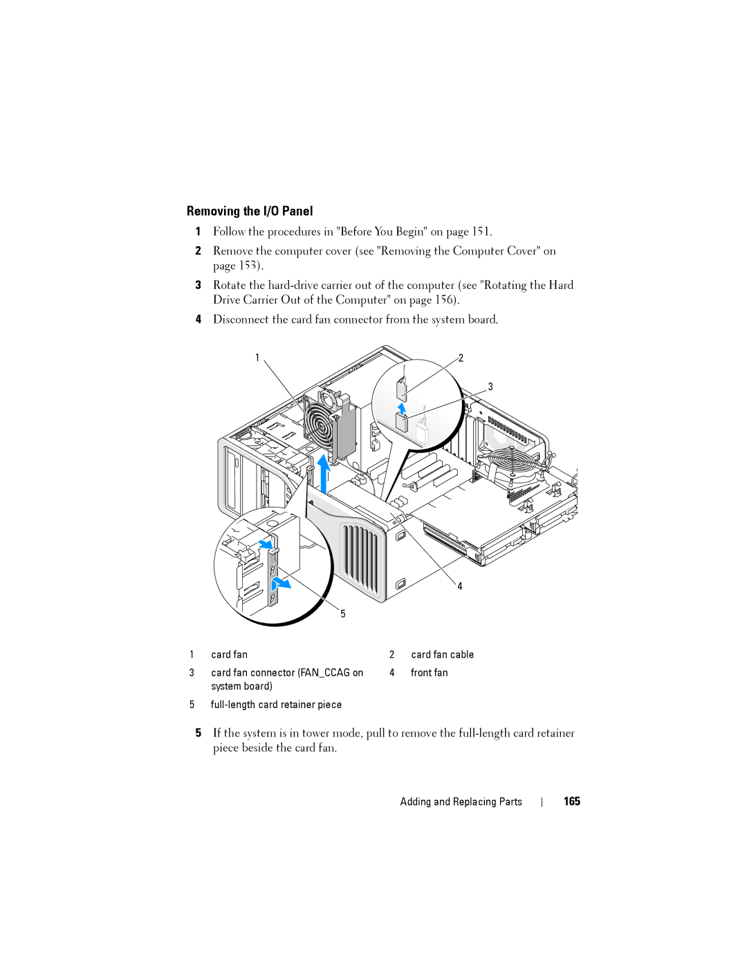 Dell NX046 manual Removing the I/O Panel, 165 