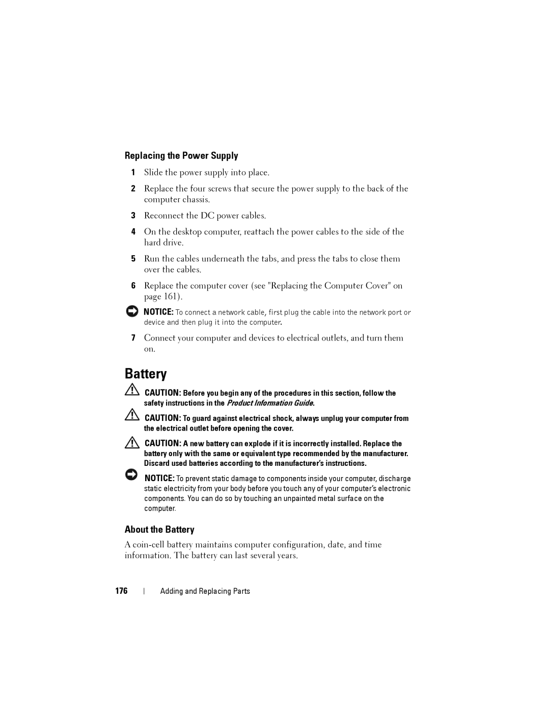 Dell NX046 manual Replacing the Power Supply, About the Battery, 176 