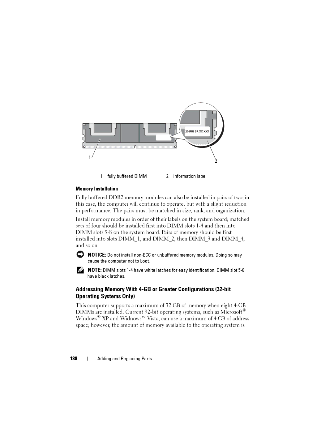 Dell NX046 manual Memory Installation, 188 