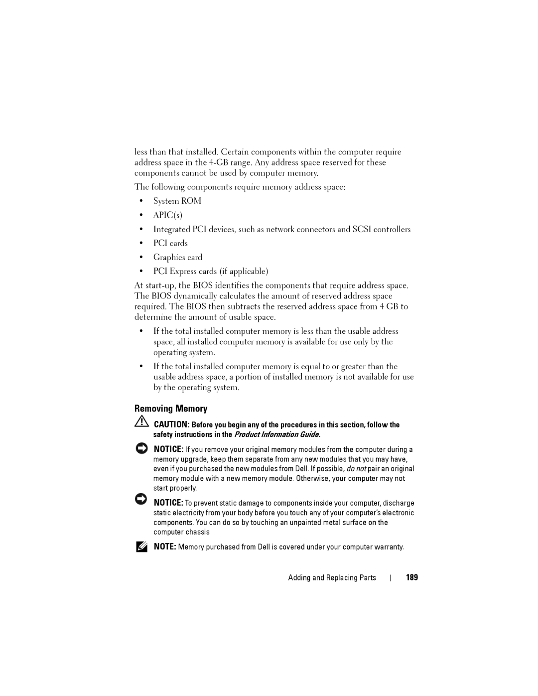 Dell NX046 manual Removing Memory, 189 