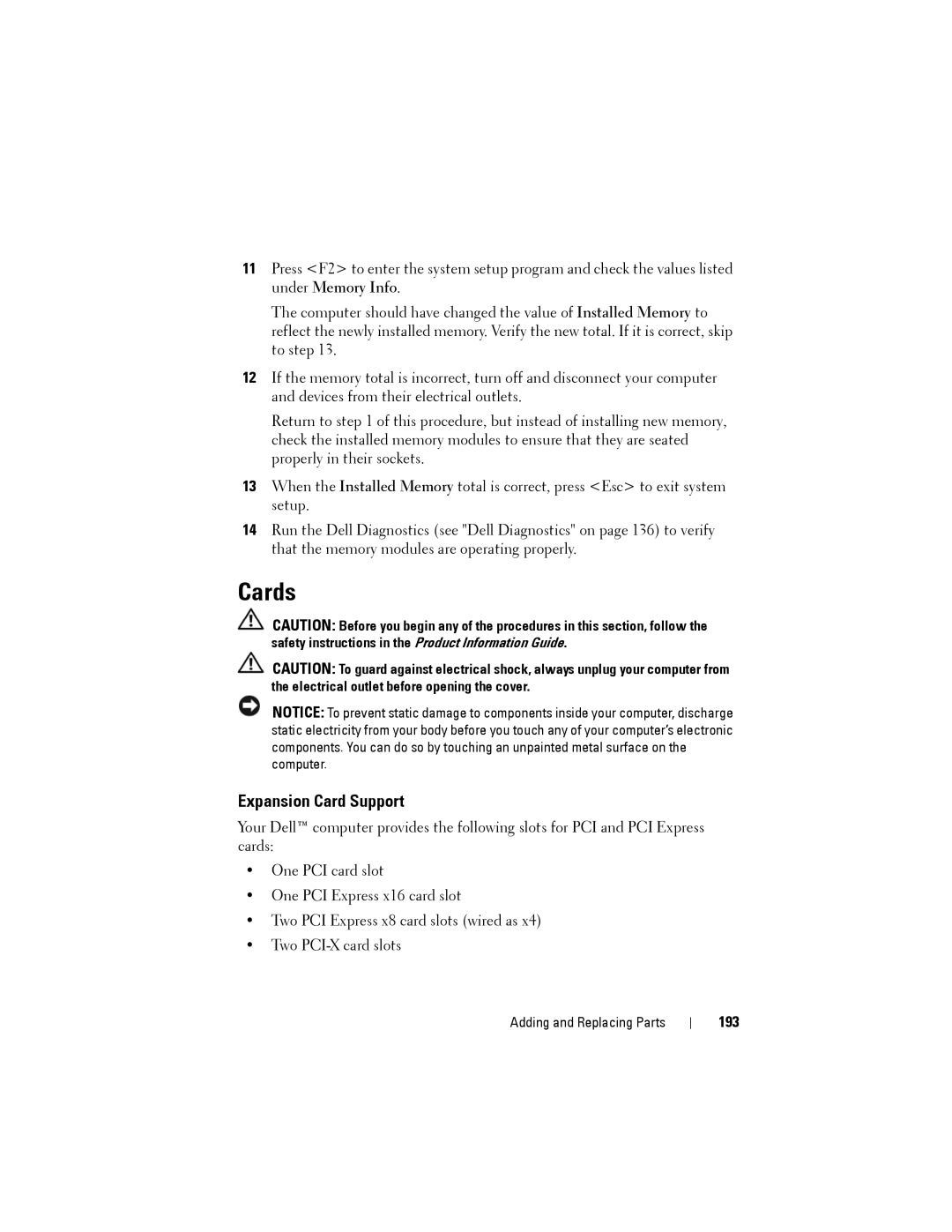 Dell NX046 manual Cards, Expansion Card Support, 193 