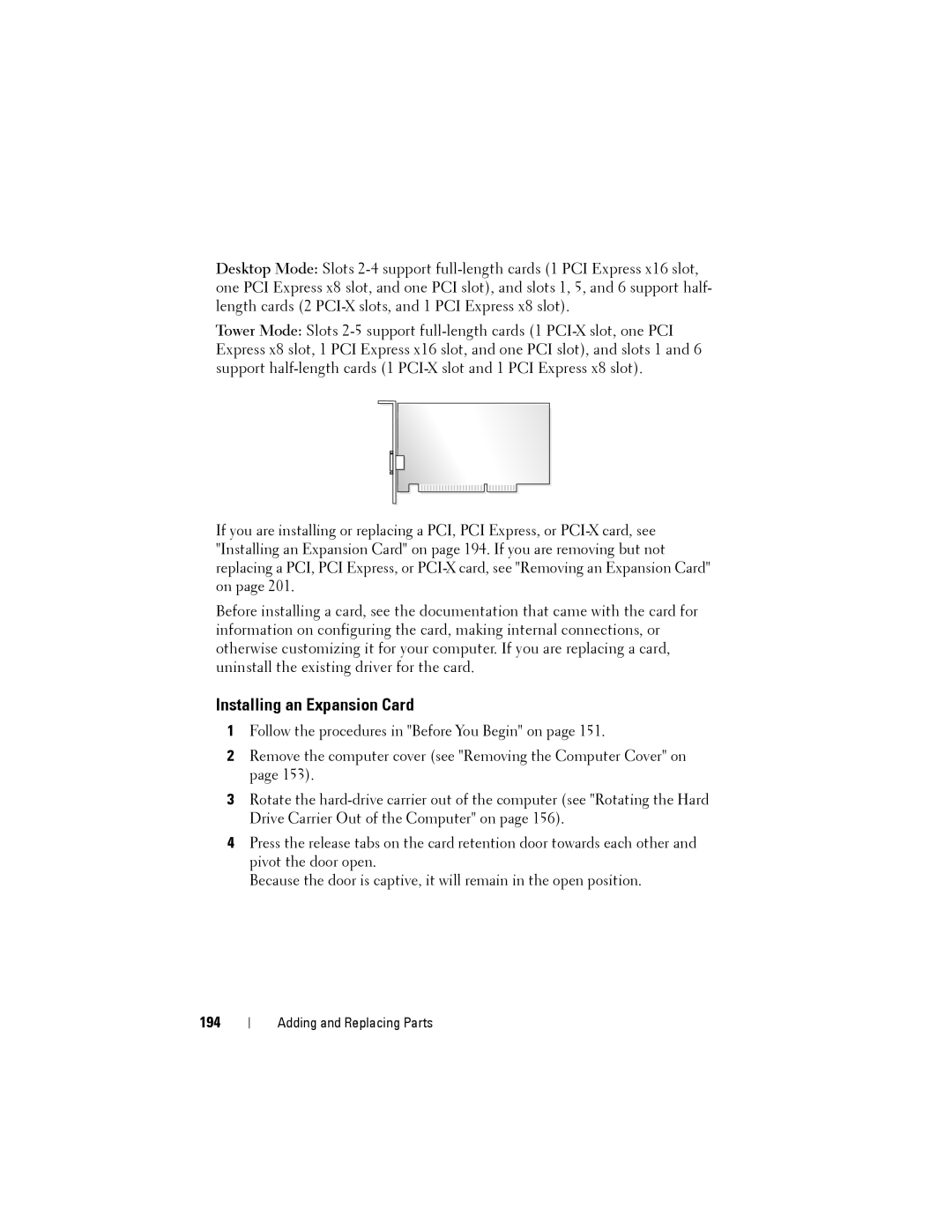 Dell NX046 manual Installing an Expansion Card, 194 