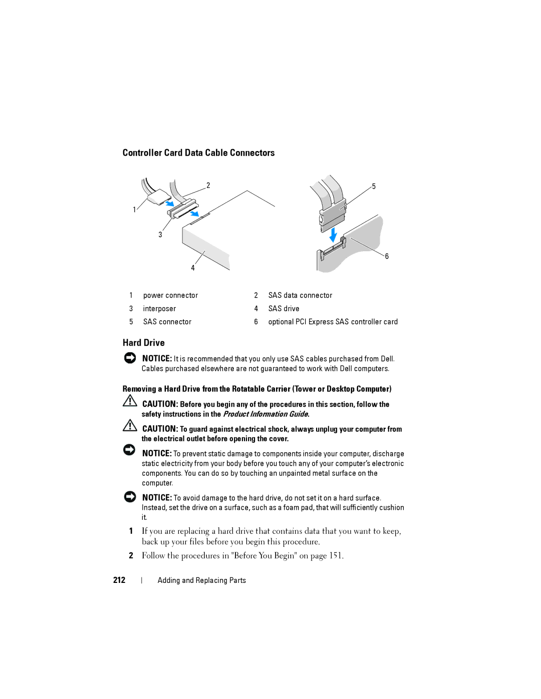 Dell NX046 manual Controller Card Data Cable Connectors, Hard Drive, 212 