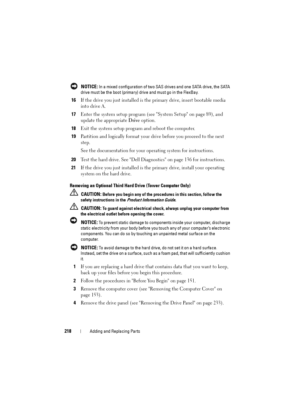 Dell NX046 manual Removing an Optional Third Hard Drive Tower Computer Only, 218 