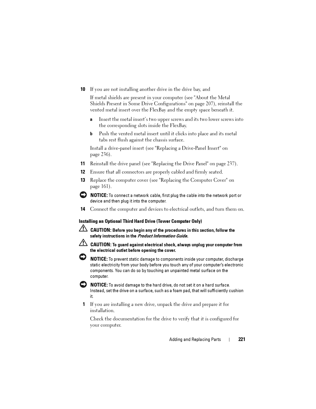 Dell NX046 manual Installing an Optional Third Hard Drive Tower Computer Only, 221 