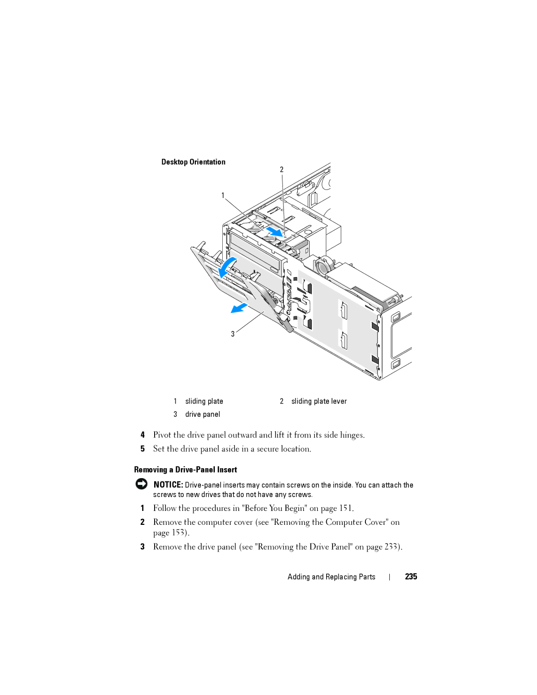 Dell NX046 manual Removing a Drive-Panel Insert, 235 