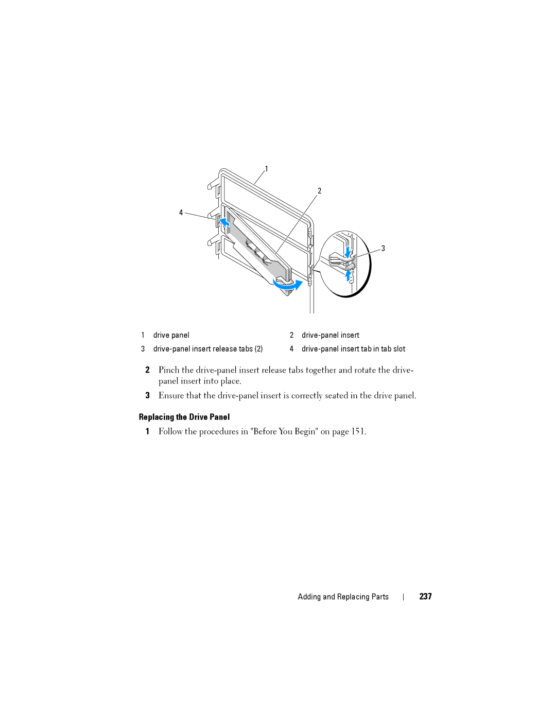 Dell NX046 manual Replacing the Drive Panel, 237 