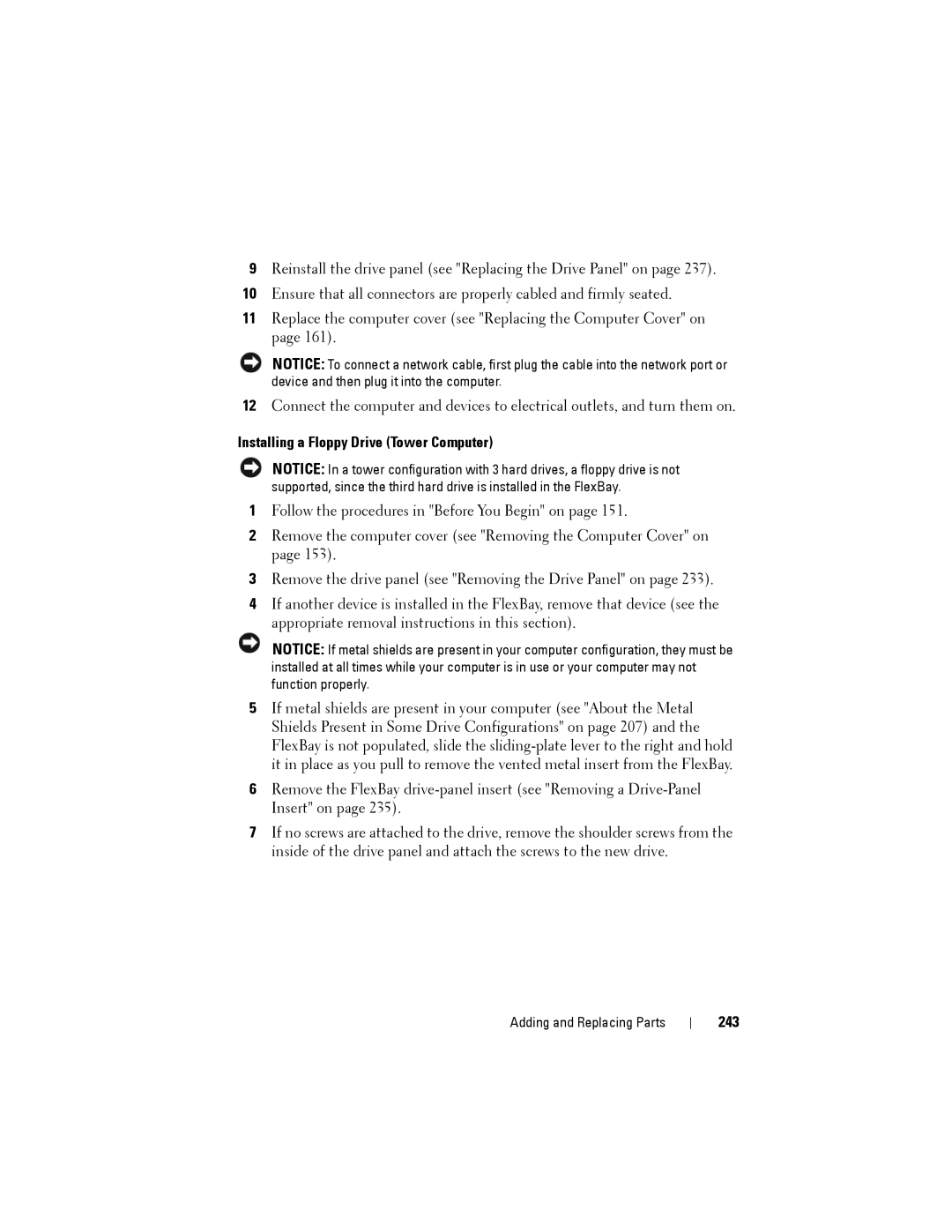 Dell NX046 manual Installing a Floppy Drive Tower Computer, 243 