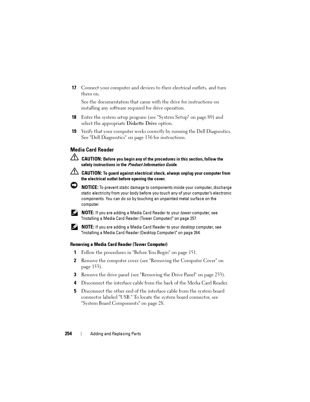 Dell NX046 manual Removing a Media Card Reader Tower Computer, 254 