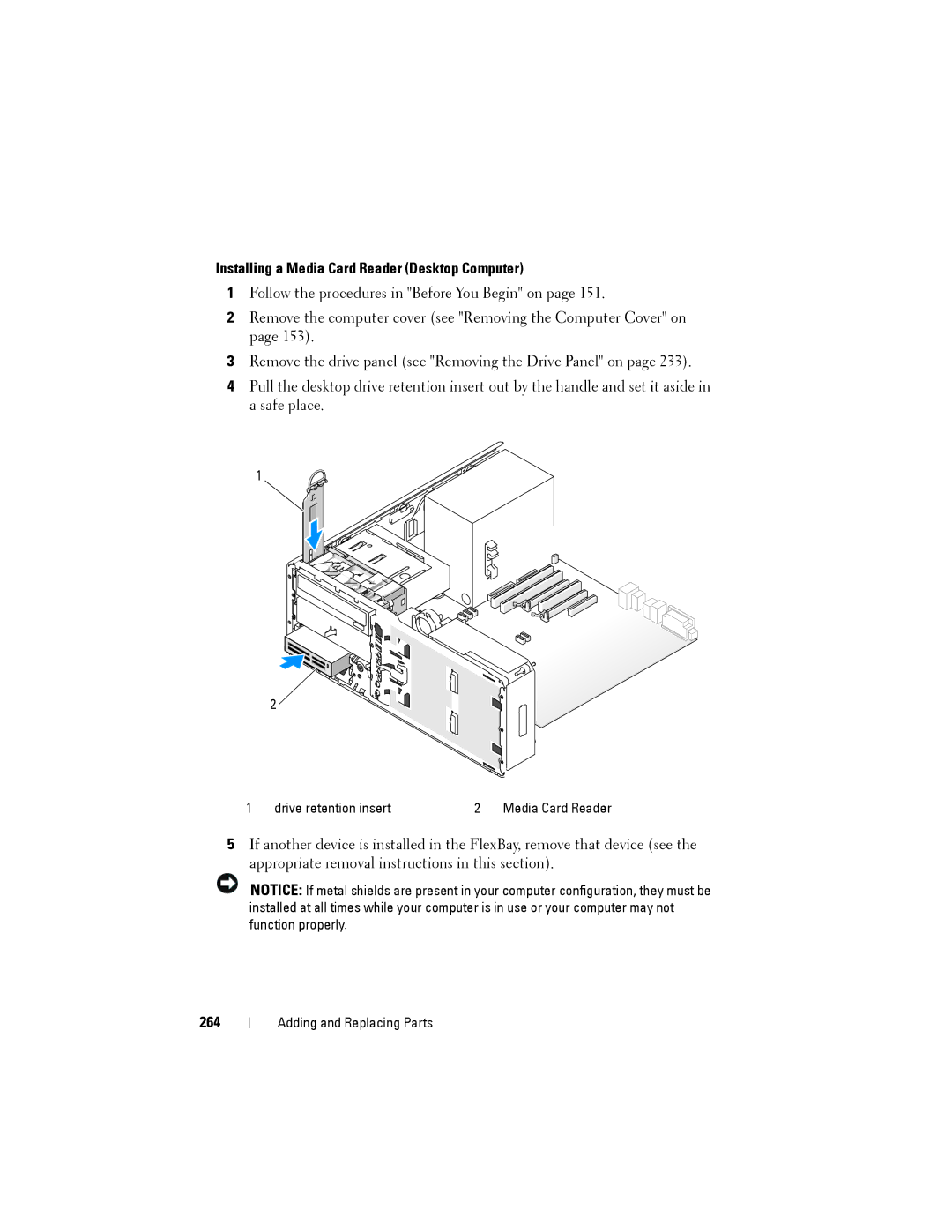 Dell NX046 manual Installing a Media Card Reader Desktop Computer, 264 