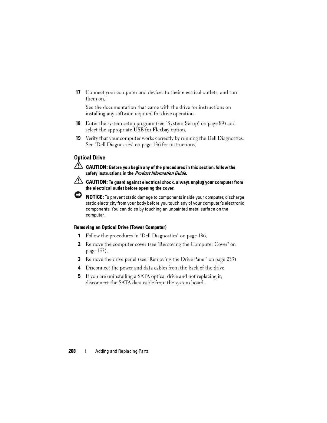 Dell NX046 manual Removing an Optical Drive Tower Computer, 268 