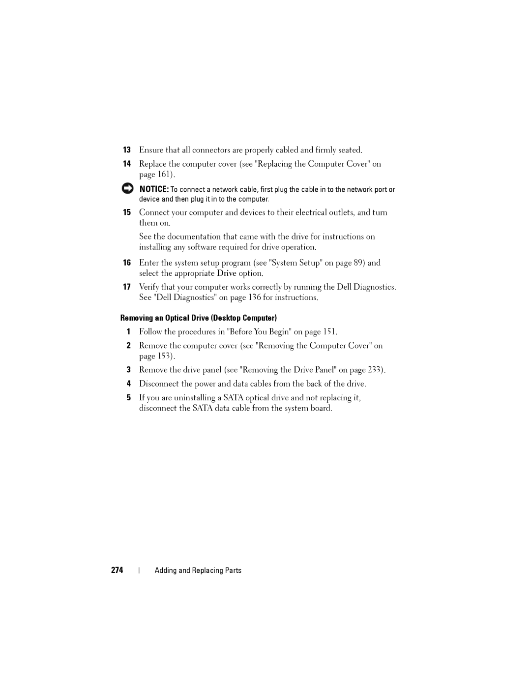 Dell NX046 manual Removing an Optical Drive Desktop Computer, 274 