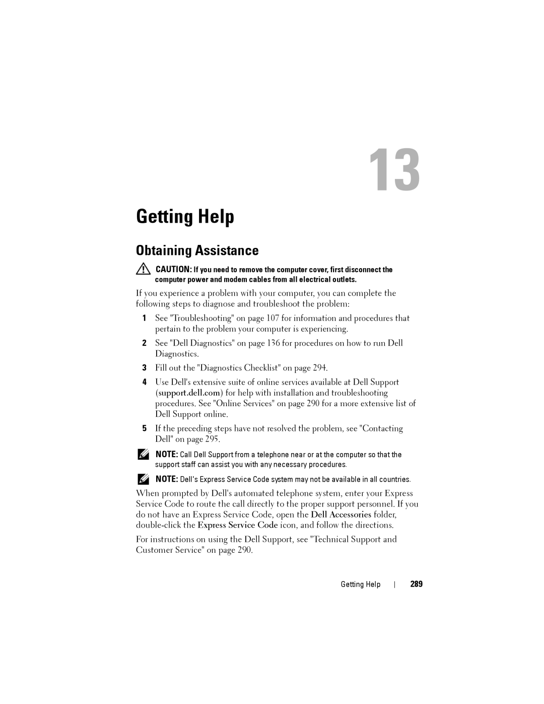 Dell NX046 manual Obtaining Assistance, 289 