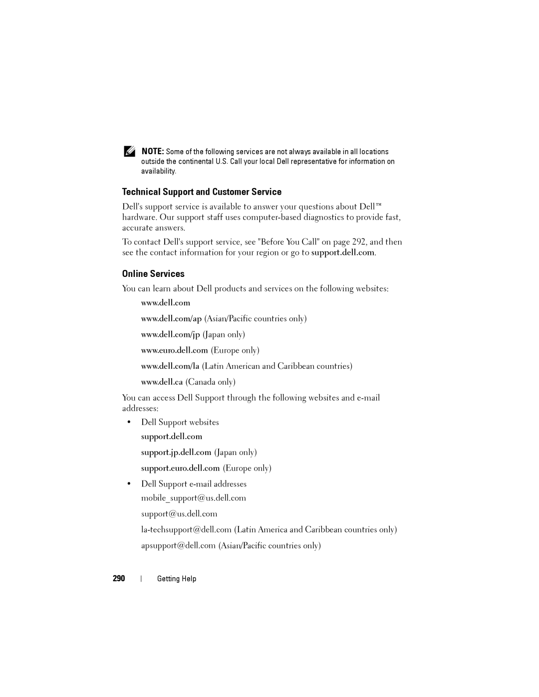 Dell NX046 manual Technical Support and Customer Service, Online Services, 290 